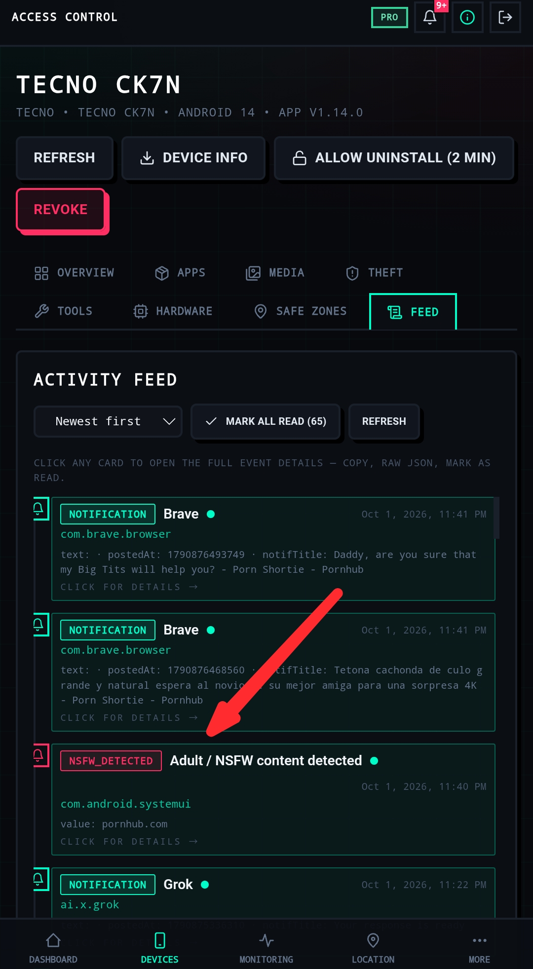 Access Control activity feed — real-time notifications with adult content detection alert